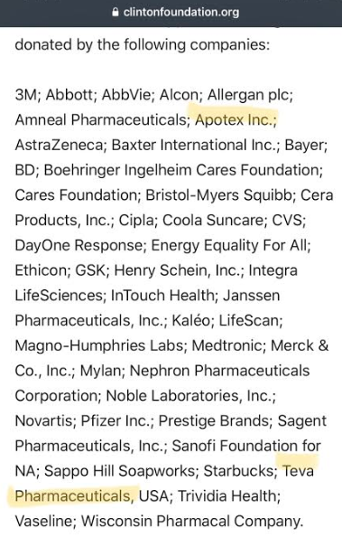 8) TEVA and Apotox donated millions to the Clinton Foundation’s “efforts” in Haiti & Puerto Rico.