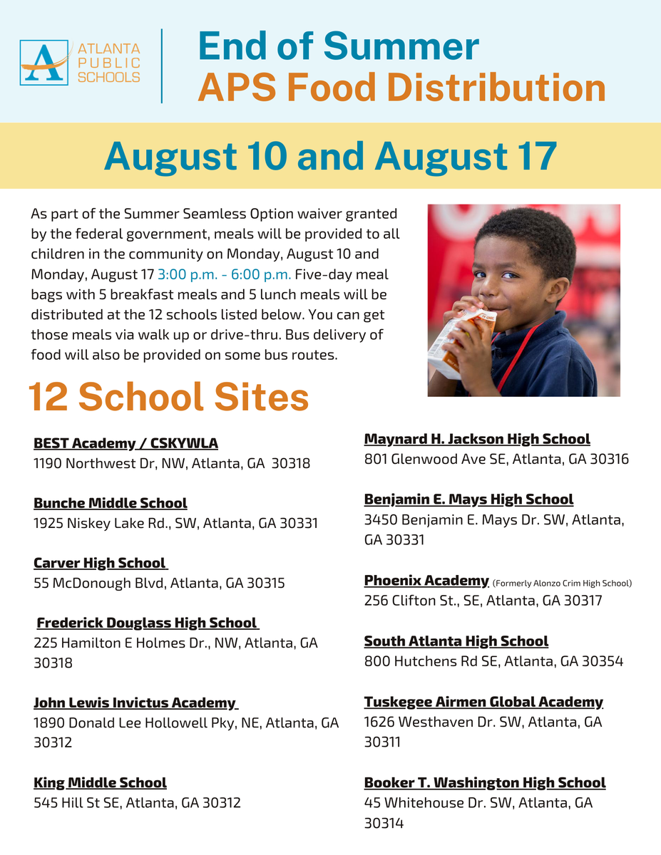 DrLisaHerring's tweet photo. Please spread the word! Our End of Summer Food Distribution will take place Monday, August 10 and Monday, August 17. Families may walk up, drive-thru or visit a food delivery stop to receive 5 day meal bags! Download the bus routes and much more here: https://t.co/J9gXtzNaob https://t.co/WPhB9i5RBS