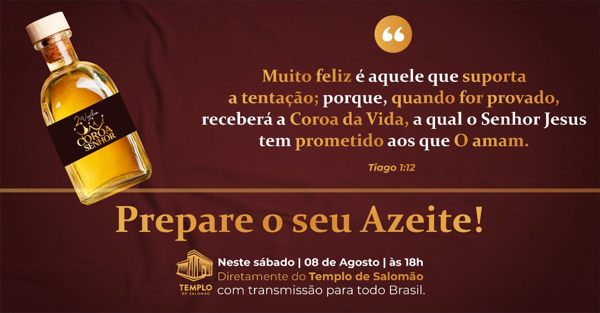 Luana75612016's tweet photo. Existe Alguém que nunca te rejeitou nunca, virou as costas e 
nunca te abandonou, Ele tem um presente pra você, A Coroa. E 
Ele quer te entregar nesse sábado, às 18h. #VigiliaDaCoroa
@ObreirosIURD #ObreirosSC https://t.co/YHdaw7DHzu