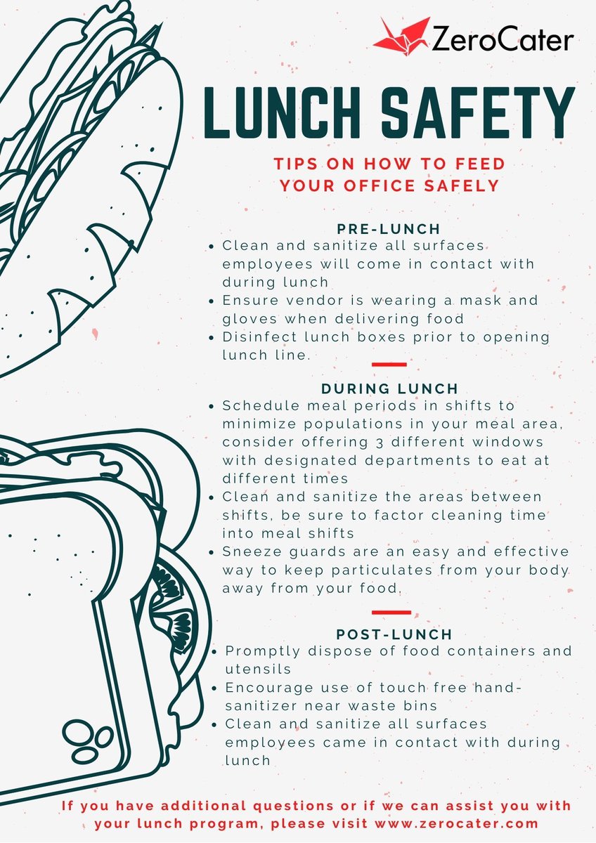ZeroCater's tweet photo. As offices are starting to return to work we wanted to share some tips on how to safely feed your employees. #officelunch #LunchTime #zerocater #eatsafely https://t.co/Jr8tai8VIS