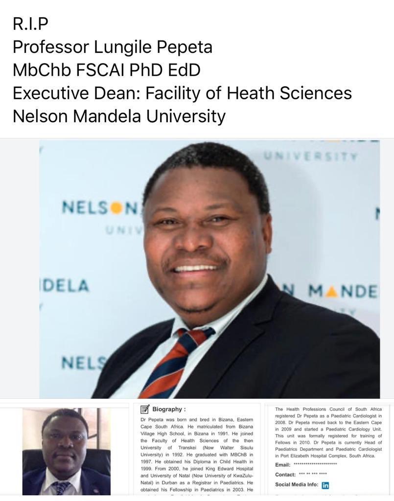 AdHabb's tweet photo. This is a huge loss not only to NMU, but also to South African Medicine and Higher Education. RIP Prof. Lungile Pepeta. https://t.co/2kHJl2ThQy
