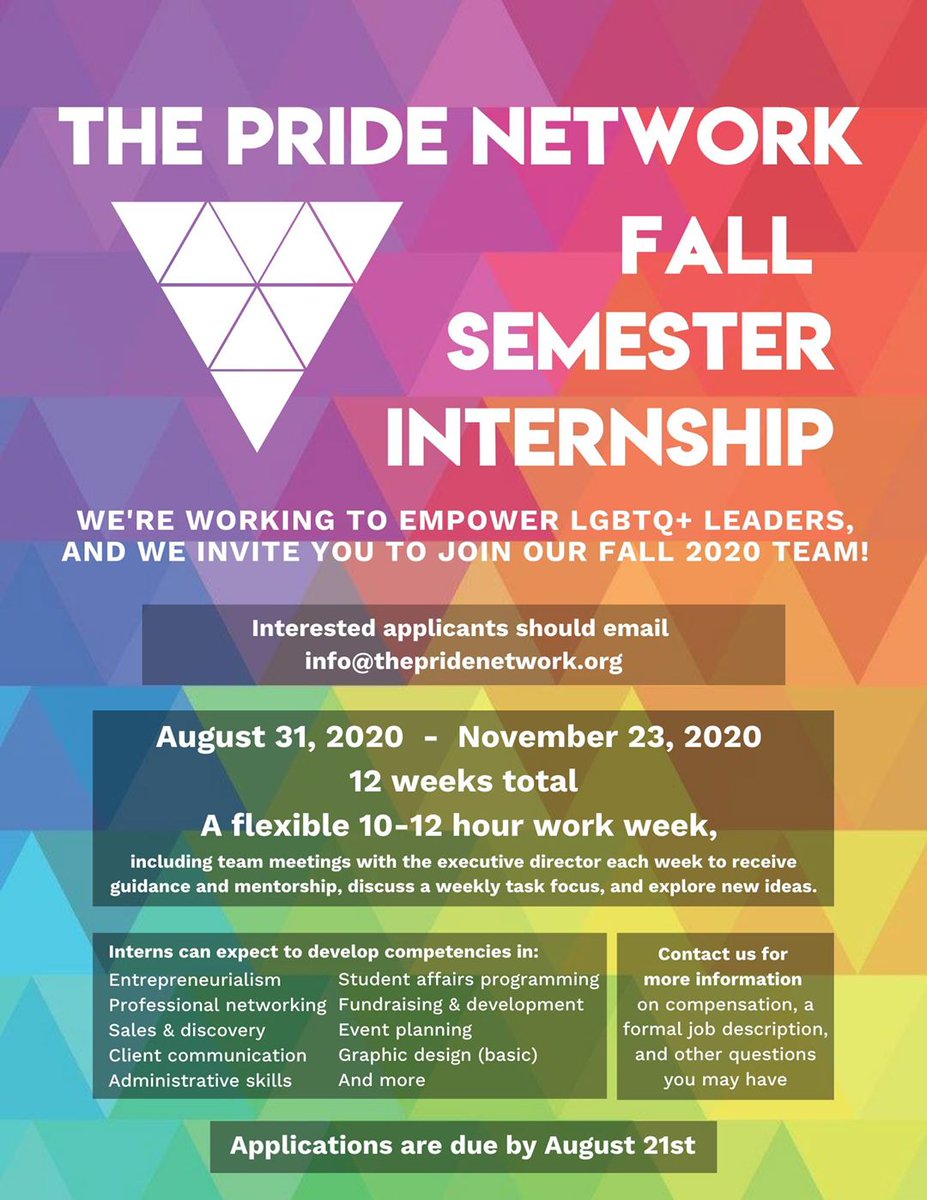 Are you (or someone you know) interested in a Fall Semester Internship opportunity with The Pride Network? 
Applications are open! 
You can email info@thepridenetwork.org for more information 🙌🏳️‍🌈
