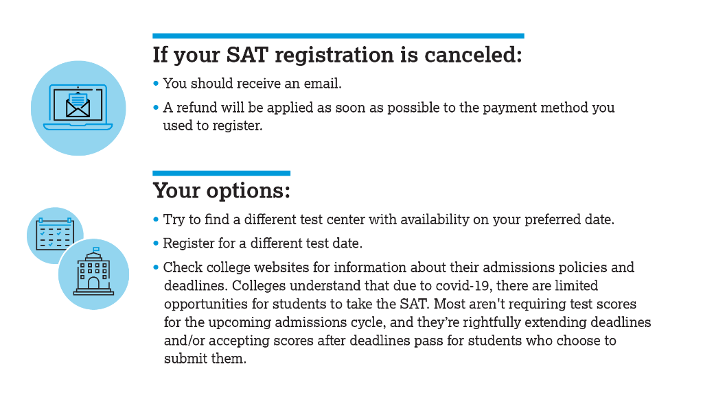 OfficialSAT's tweet image. Local test centers make individual decisions about whether to administer the SAT. Because of covid-19, we expect some test centers may decide to close or reduce capacity ahead of the August SAT. Learn what to do if your SAT registration is canceled. spr.ly/6018Ggioe