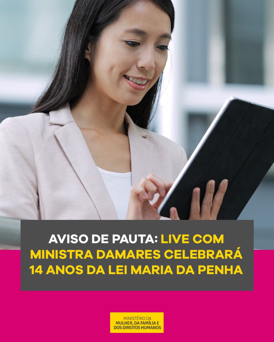 Lei Maria da Penha completa 14 anos nesta sexta-feira (7). Para celebrar o aniversário de criação da legislação de combate à violência contra a mulher, a ministra Damares Alves participará de uma live, às 21h, no Facebook do @DHumanosBrasil 

bit.ly/3gDM6Qk

#SNPM