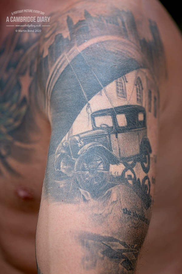 Today's high temperatures prompted a few bare chests down at Quayside and I spotted this rather delightful and very Cambridge tattoo. Do you know the story behind the imagery? In June 1963 Cambridge students suspended an Austin 7 from the Bridge of Sighs as a prank / ...