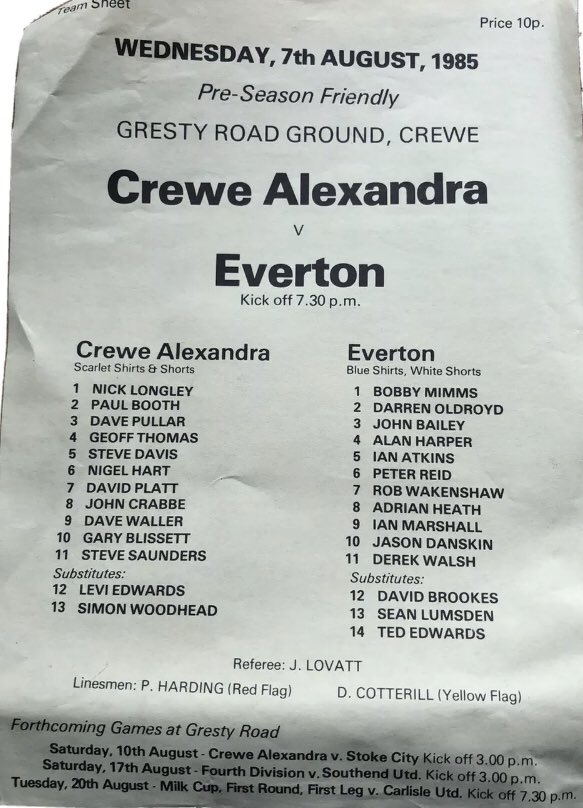 #48 Crewe Alexandra 1-2 EFC - Aug 7, 1985. Back on UK soil, EFC headed to Gresty Road for a pre-season friendly. A 2nd string EFC side won 2-1, with goals from Adrian Heath & Rob Wakenshaw. Three days later the Blues were back at Wembley for the Charity Shield game vs Man Utd.