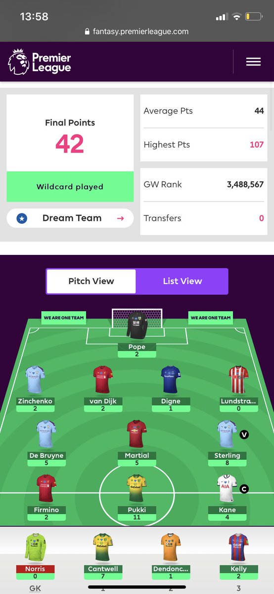 Now onto my wildcards: My first one was catastrophic. Sitting at 20K OR after 2 weeks and then I play a wildcard way to early and it takes me 7 weeks and plenty of hits to fix it. Just so many bad choices on here and big red arrows for the following weeks.