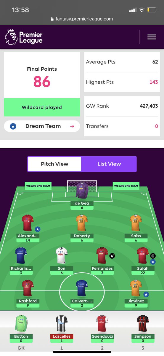 Wildcard #2:This did ok but there were some obvious mistakes such as Son, Rash over martial and DCL. Although DDG did very weel he blocked me getting martial in which really hurt and definitely an error. Did get double wolves defence which was great. Omitting KDB biggest msitake