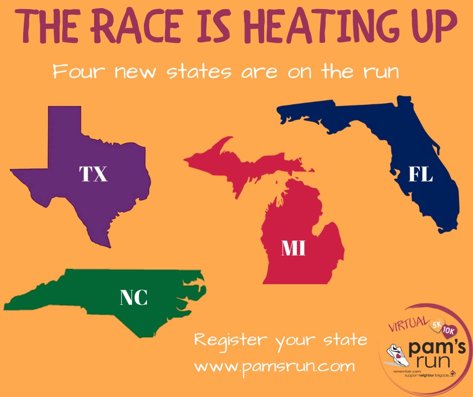 TX, NC and FL are now in on the action! Help us reach our goal of having all 50 states represented at our virtual Pam's Run this year. Who can you invite? pamsrun.com
#communityisnotcancelled #pamsrunnb