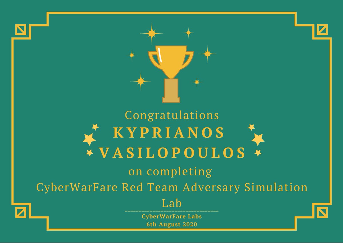 cyberwarfarelab's tweet image. We congratulate Kyprianos Vasilopoulos on successfully completing CyberWarFare Red Team Adversary Simulation Lab as of 6th August 2020! 

Visit: cyberwarfare.live
Email: support@cyberwarfare.live

#redteam #cyberwarfare #nukelab #adversarysimulationlab #congratulations