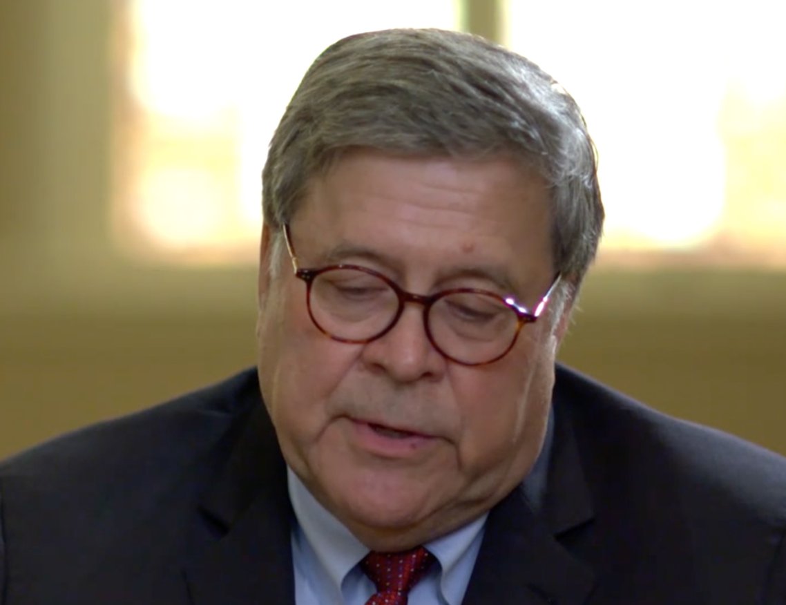 28/ Barr looks down (diminishing his eye contact) as he shakes his head side-to-side ('no') when he's making a positive statement ("...ah, pursue anyone who was complicit in it"). Please watch the video as the still image does not catch this dynamic." [shakes head no/ 1:06]