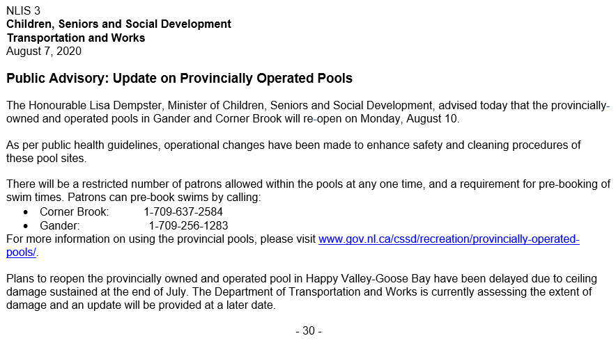 SSWB_GovNL's tweet photo. PUBLIC ADVISORY: Provincially operated pools in Gander and Corner Brook will reopen on Monday, August 10. Please visit our website for more information: https://t.co/ORtwzJ7sBl #GovNL @cbrapids @GLSClub https://t.co/OXbgzGWRj7