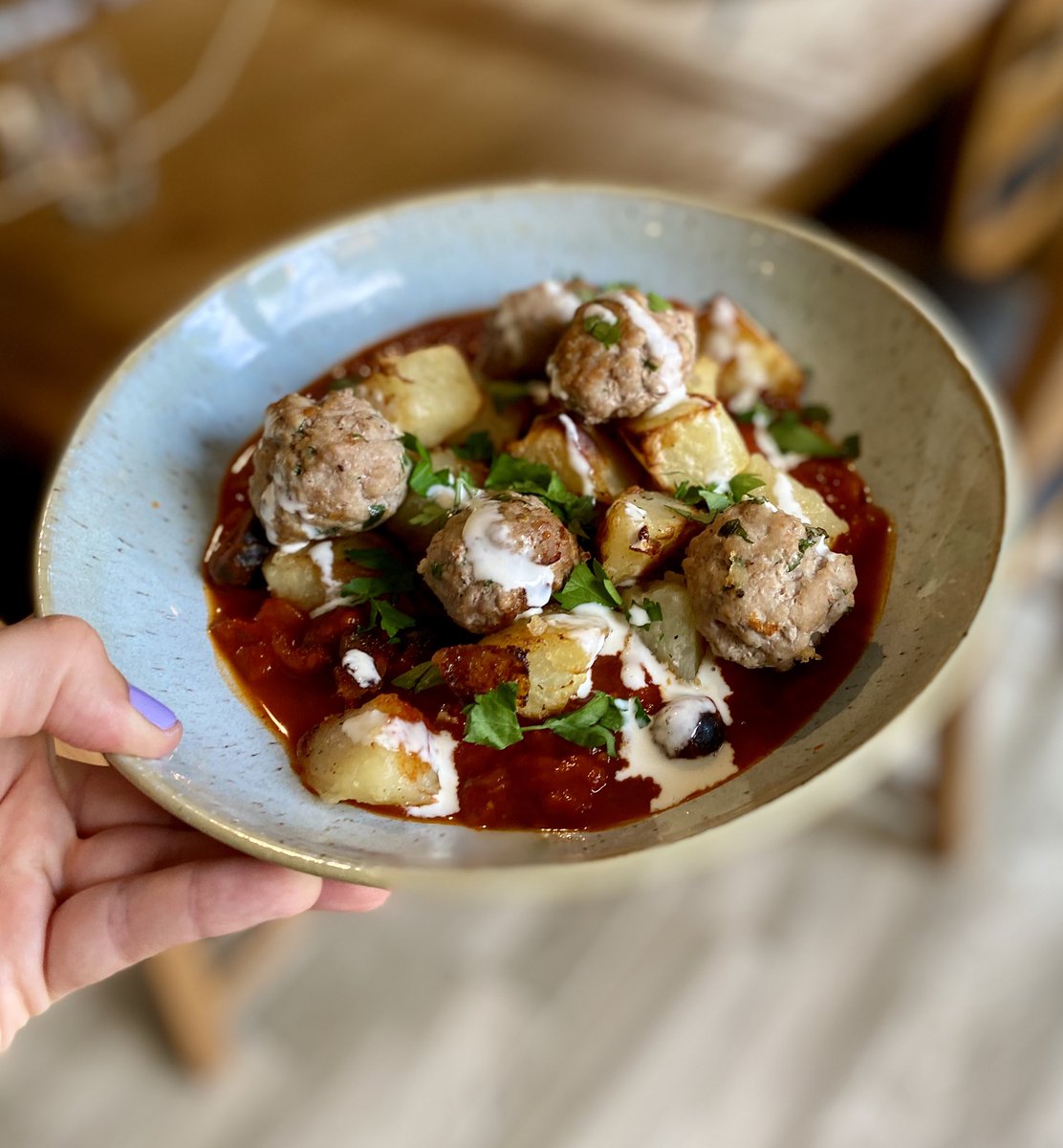 Patatas Bravas Meatballs from <a href="/bbcgoodfood/">Good Food</a> August magazine. I can definitely recommend this recipe!#bbcgoodfood #tapas
