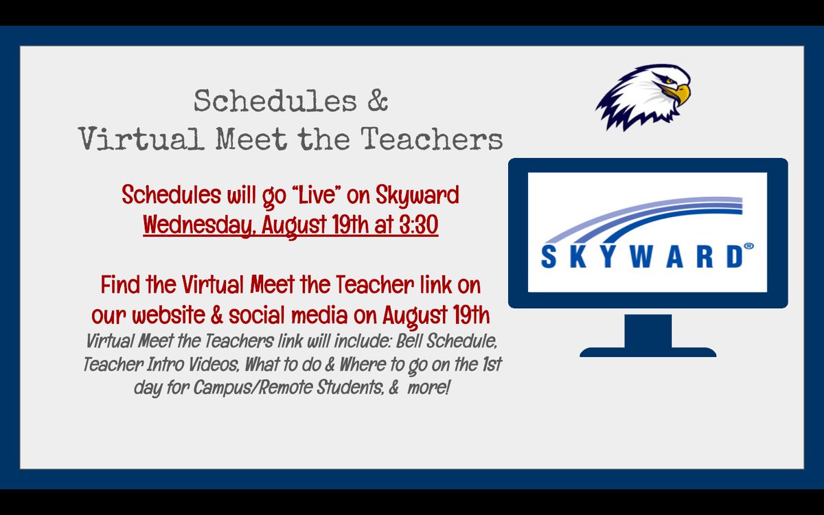 BTMSeagles's tweet photo. Eagle Families! Device Distribution will be on 8/12/20 from 3pm-7pm and our schedules will go LIVE on Skyward on 8/19/20 as well as our Virtual Meet the Teacher.  Check out the graphics for further details. https://t.co/bIAm7zOQt6