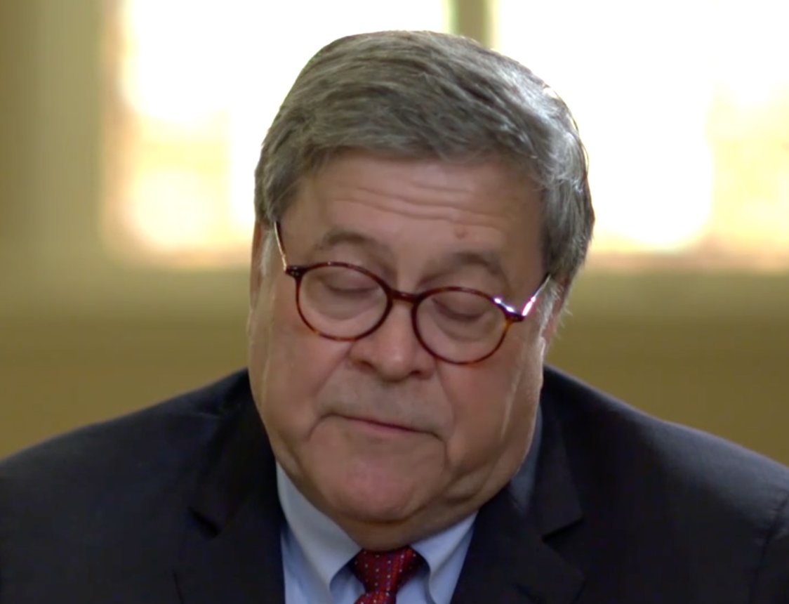 32/ BARR continues, ".... and so, I'm very, happy that we were able to get, tah [sic], Ms. Maxwell." As he says "very", Barr's forehead elevates as his upper eyelids are almost closed (1:09).