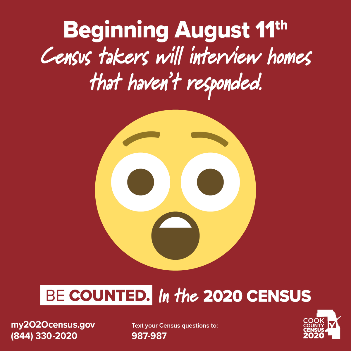 SWOPorg's tweet photo. Census takers will start knocking on doors August 11, but you don't have to wait! You can fill out the Census online, by mail, or over the phone until October 30. Don’t miss your chance to get counted in 2020!

#Censo2020 #2020Census #ChicagoCountMeIn2020 #MakeILCount https://t.co/71cE5CG6bL