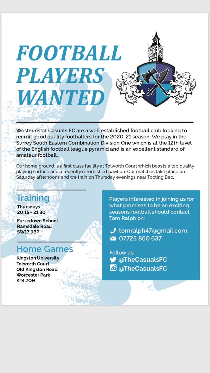 JOIN THE CASUALS! We are recruiting - see attached for details. This season will be our 30th and we welcome good footballers to come and help us celebrate in style. Pre season training continues on Weds evenings in Clapham Common ⚽️