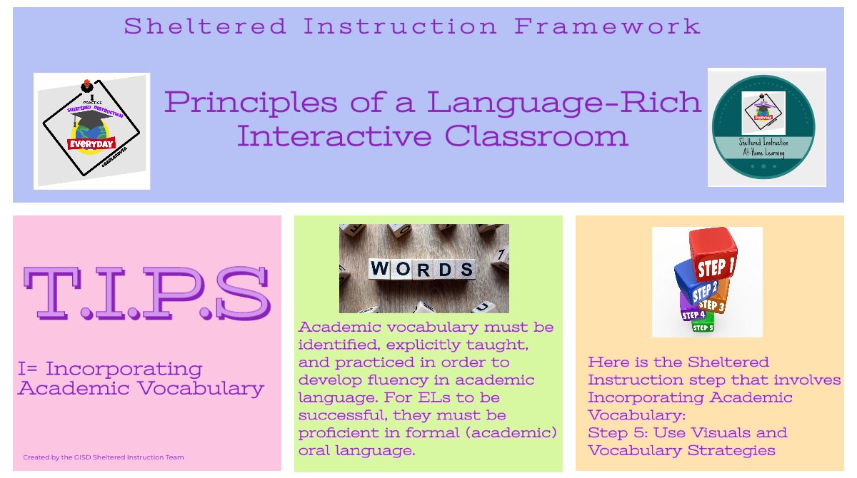 IsabelitaBec's tweet photo. The 4 main principles of a language-rich interactive classroom and the 7 Steps of Sheltered Instruction are designed to support our English Learners to comprehend the content we teach and to develop the language. #ShelteredGISD @GISD4ELLs #GISDAlwaysconnected https://t.co/j8Z0BfAAQs