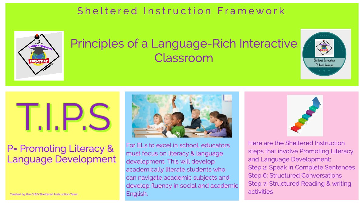 IsabelitaBec's tweet photo. The 4 main principles of a language-rich interactive classroom and the 7 Steps of Sheltered Instruction are designed to support our English Learners to comprehend the content we teach and to develop the language. #ShelteredGISD @GISD4ELLs #GISDAlwaysconnected https://t.co/j8Z0BfAAQs
