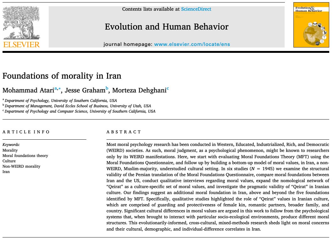 New paper out! We (w/ Jesse Graham &  @MortezDehghani) examined the foundations of morality in Iran! To appear in the upcoming Special Issue of  @HumBehEvoSoc edited by  @JoHenrich &  @corenapicella & Ara Norenzayan.  https://doi.org/10.1016/j.evolhumbehav.2020.07.0141/10