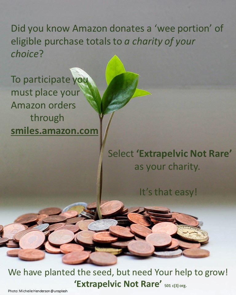 XtraNotRare's tweet photo. Next time you order online @ amazon, take a few seconds &amp; select ‘Extrapelvic Not Rare’ as your charity.  There’s NO cost to you ever.  Ea. order you place through https://t.co/a30fzkQ8iS, Amazon donates a wee portion toward our 501 c3 nonprofit. #endometriosis #extrapelvic https://t.co/wNJuvwAF7N