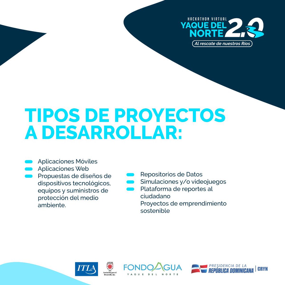 fondoaguayaque's tweet photo. Para participar en el Hackathon Virtual Yaque del Norte 2.0 accede a nuestra página web https://t.co/yWj16xAVUy donde podrás encontrar el link de inscripción haciendo click en esta misma imagen.
¿Qué esperas para ayudar a rescatar nuestros ríos? 💧 https://t.co/slVqSyZdfo