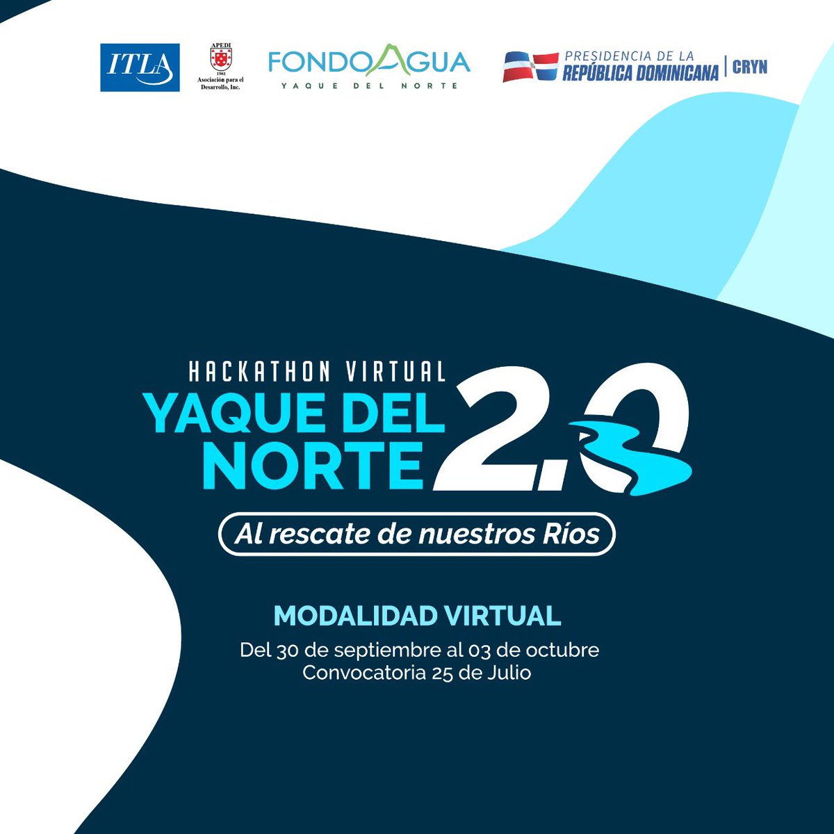 fondoaguayaque's tweet photo. Para participar en el Hackathon Virtual Yaque del Norte 2.0 accede a nuestra página web https://t.co/yWj16xAVUy donde podrás encontrar el link de inscripción haciendo click en esta misma imagen.
¿Qué esperas para ayudar a rescatar nuestros ríos? 💧 https://t.co/slVqSyZdfo