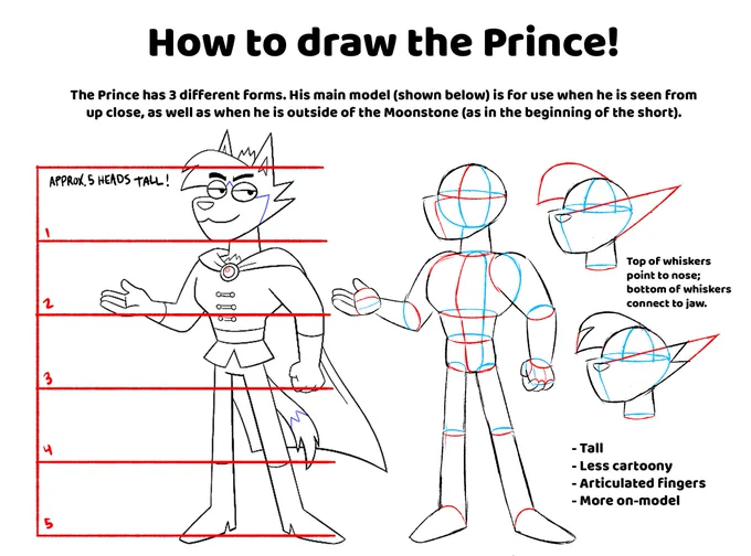 Drawing guide for The Prince! He has several different ways of being portrayed. His "true" form is only shown in the beginning and when we see him full-body close-up.

Watch #TrickMoon here! ? https://t.co/DbgJgwSnx1 