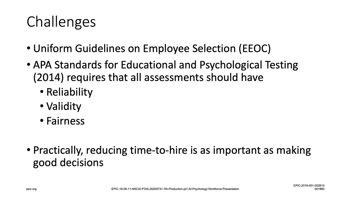 The presentation lauds the use of AI job screening tools like HireVue and says that "reducing time-to-hire is as important as making good decisions."(Of course that's one of many problems with HireVue that EPIC has raised: there's little assurance it's making good decisions.)