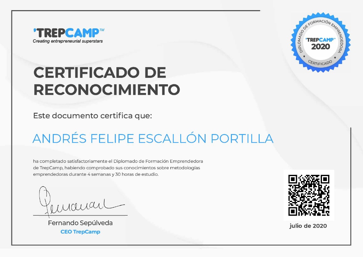 ¡Mi #certificación TrepCamp 2020!
Diplomado de Formación Emprendedora <a href="/TrepCampUSA/">TrepCamp</a>: 
-Formación de Equipos
-#DesignThinking
-Modelo de Negocio
-#LeanStartup
-Financiamiento
-Metodologías Ágiles (#Agile #Scrum)
Gracias <a href="/SantanderX/">Santander X</a> por la beca 
#SantanderX #Emprendedor #TrepCamp