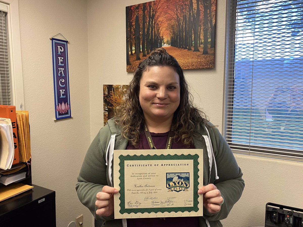 LCSODispatch's tweet image. Please join us in a belated congratulations to Heather Anderson for five years (in March) of dedicated service to the citizens of Lyon County as a 9-1-1 Public Safety Dispatcher! Thank you for being a valued member of our team!!
