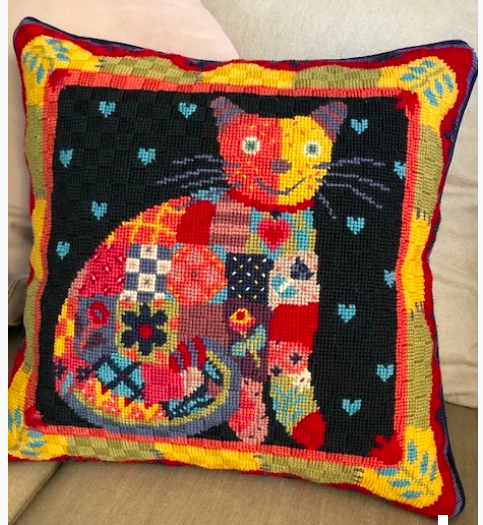 The bidding is on and competitive for this lovely handmade needlepoint “Patchwork Cat” pillow. Bidding open through the weekend, and virtual #GrandPause soiree event begins Sunday at 3pm! charityauction.bid/CWOSoiree2020