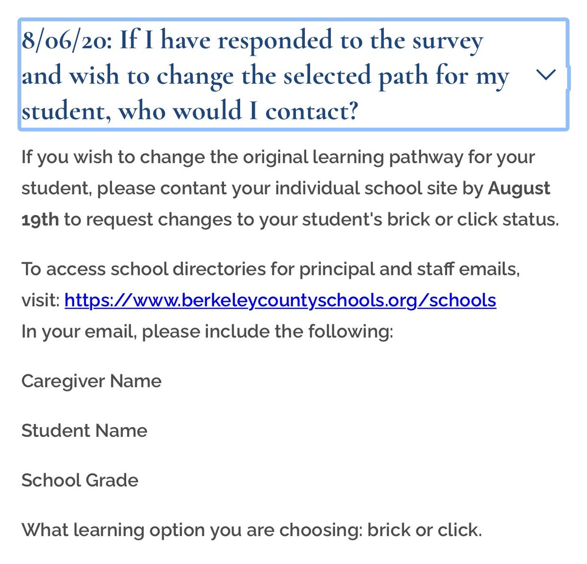‼️ Didn’t have a chance to respond to the BCS Family Survey? There’s still time! You just need to contact the school directly and tell us your preference. Visit the BCS website to continue to find the latest FAQs. Here’s an update regarding option changes: