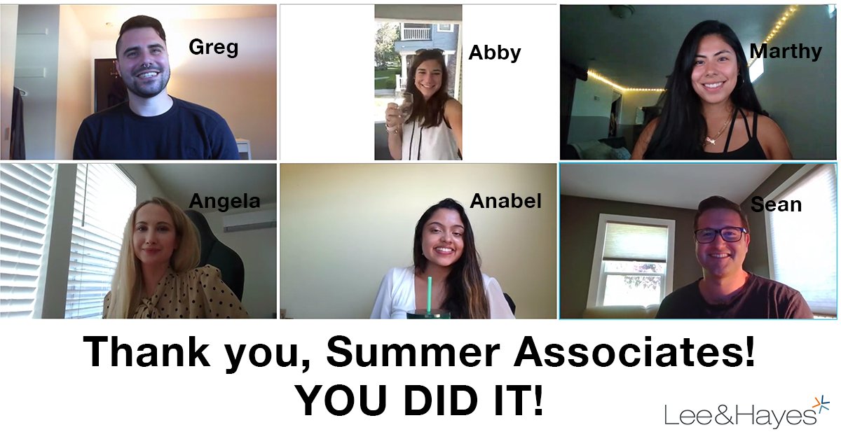 Lee &amp; Hayes, PC has been honored to support the professional development of several talented first and second year law students through our Summer Associate program!  Like many of you, we continue to work remotely while staying connected!leehayes.com/press-releases…