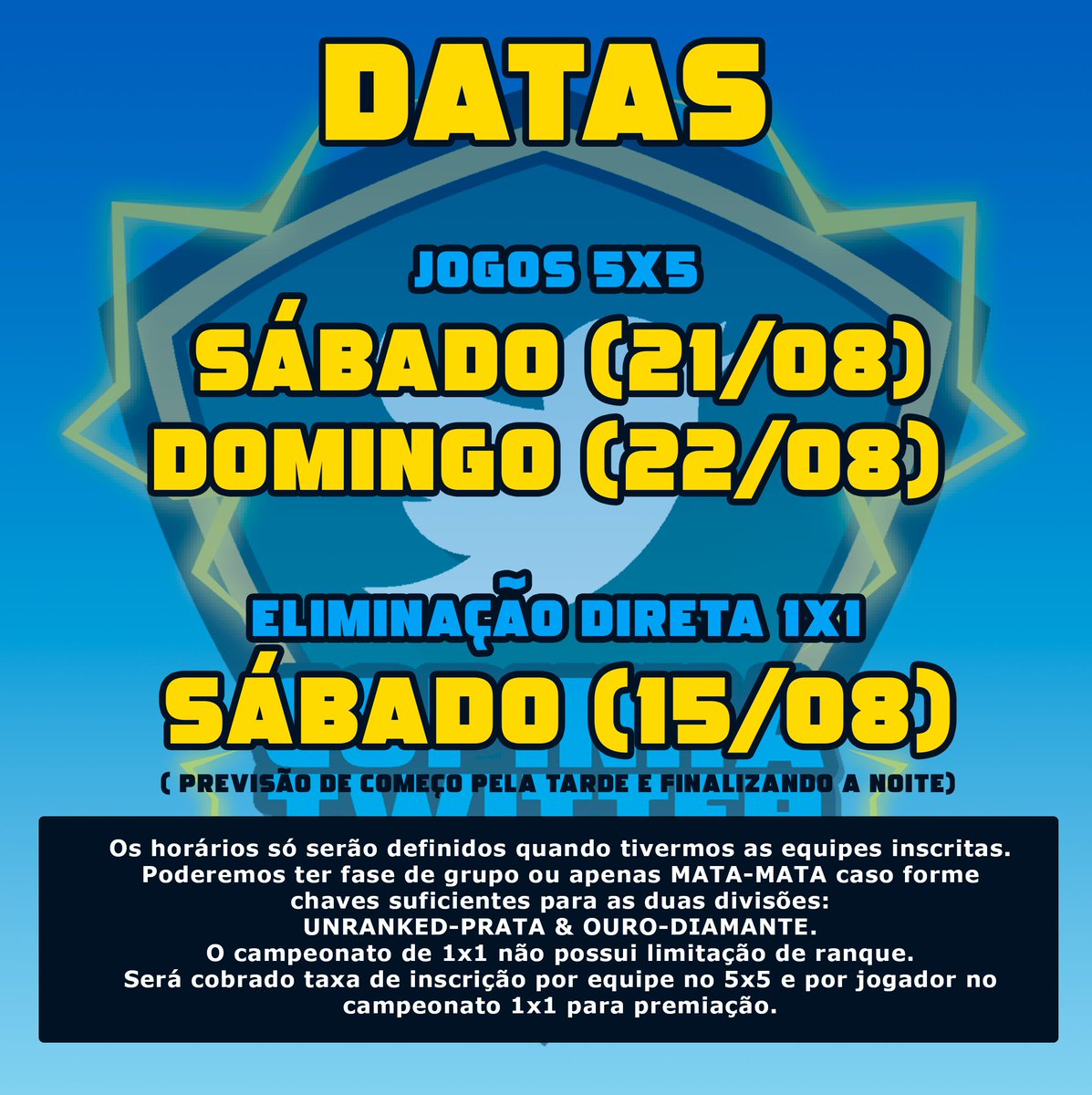 CopinhaLol's tweet photo. ATENÇÃO GALERA ( CORREÇÃO )
LEIAM TODOS OS TWEETS 
INSCRIÇÕES ABERTAS 1ª Copinha Lol do tt.
Será dividido em duas categorias: x1 (no dia 15/08) e 5x5 (nos dias 21/08 e 22/08). https://t.co/zYAGYeZnxA