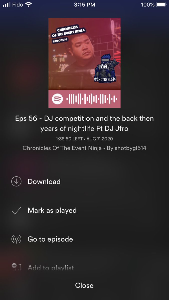 Eps 56 - <a href="/djjfro/">DJ J-Fro</a> and I shedding views on how the nightlife changed over time, twitch DJ, and DJ competitions. Notable mentions:
- Legendary <a href="/IamJamesMinon/">IamJames514</a> 
- RNB on a sunday: <a href="/keithdean/">Keith Dean</a> <a href="/QUESTBABY/">aDJcalledQUEST</a> <a href="/DJStarQ/">DJ STAR Q</a> <a href="/LifeOfAgeless/">AGE</a> <a href="/djhillmtl/">DJ HILL</a>

open.spotify.com/episode/1B68Ap…