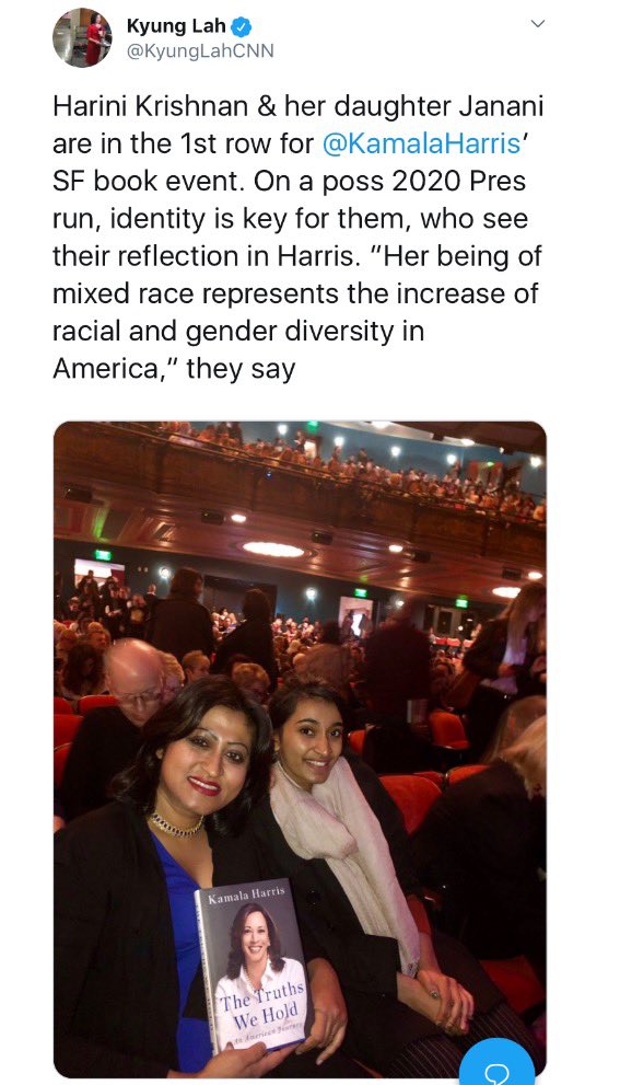3 weeks before the Joyful Warrior announced her candidacy, I took my daughter Janani to hear her speak about her book in SF. I still remember the hope in my babygirl’s eyes when she saw someone who looked like her discussing the prospect of running for the highest office.