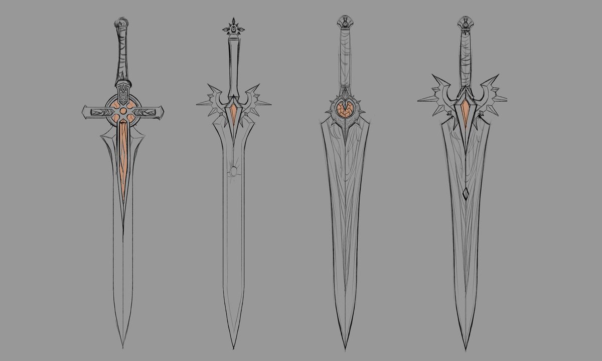 Some Excalibur sword designs by me and the design chosen on the far right with a production painting of the green knight, design by  @panchito_rex72 !