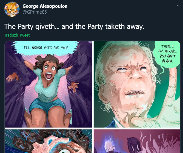 Hey, just a head's up to people that keep retweeting this comic, the author is actually a nazi wannabe and thinks that Biden is "the left". Please stop spreading his account and giving him a platform to spew hate considering the kind of shit he pull on his timeline.
