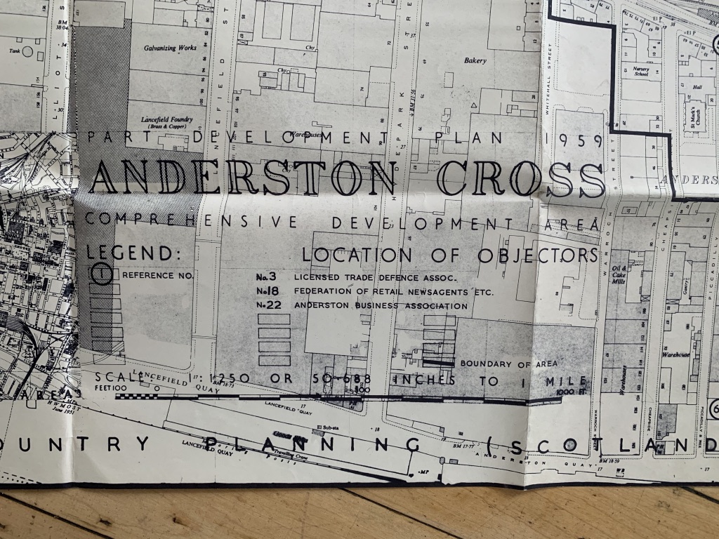 This plan shows the Anderston CDA area prior to its re-development, interestingly its also overmarked with the locations of the various objectors to the proposals. It also shows what was lost to the motorway, inc the Glasgow Gaiety Theatre, Anderston UP Church & North St Cemetery