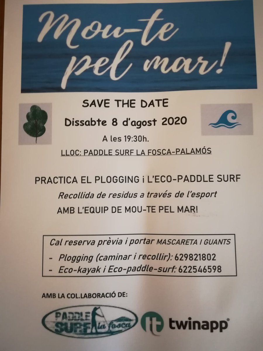 twinapp_oficial's tweet photo. Encara hi ets a temps d'apuntar-te demà a l'activitat de #plogging i #ecopaddlesurf que @twinapp_oficial i Paddle Surf La Fosca organitzem a la Platja de La Fosca!!
"Mou-te pel mar", mou-te amb nosaltres!
Inscriu-te als telèfons de la imatge!
T'hi esperem!! https://t.co/0wNDm8ixxV
