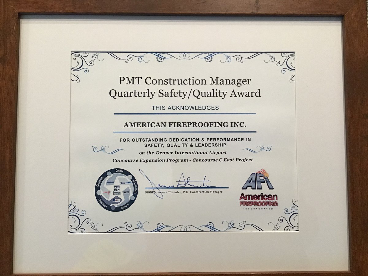 AFireproofing's tweet photo. The AFI team is proud to receive this award for our outstanding dedication &amp; performance in Safety, Quality &amp; Leadership at the Denver International Airport project with Holder/FCI JV. What an honor, congrats team! 🔥
#AmericanFireproofing #fireproofing #fireproof https://t.co/XURUWzGMBn