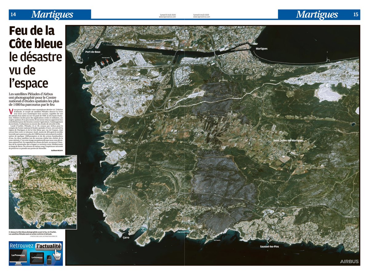 guilhemricavy's tweet photo. Une image satellite exceptionnelle format XXL dans @laprovence ce samedi #martigues #feu Poke @PascalStella @raphaelemnc @CNES @Pompiers_13 @lmildonian https://t.co/mRCk431IlW