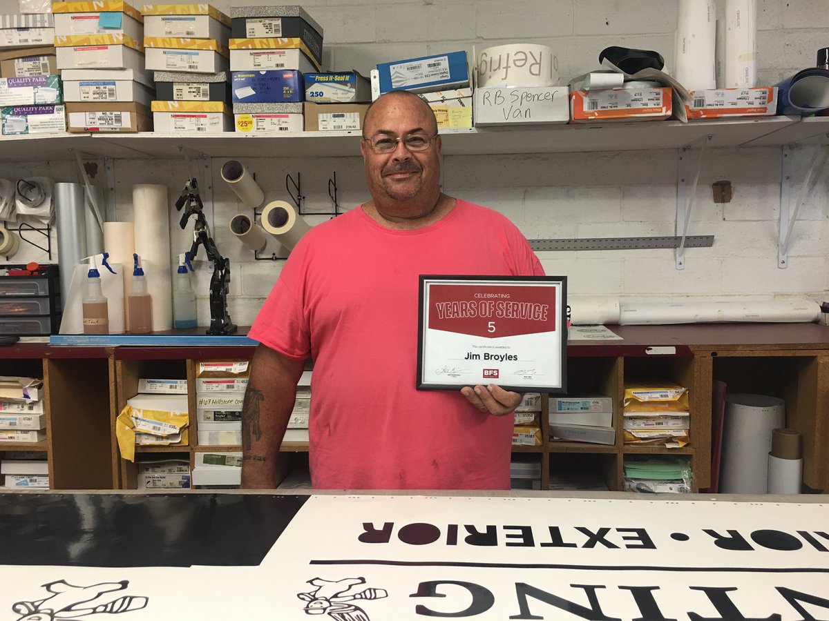 Today we celebrate 5 years of excellent work from a valued employee Jim!  Jim has done everything from sign installs, fabricated banners to logo designs and much more behind the scenes help. Thank you, Jim!