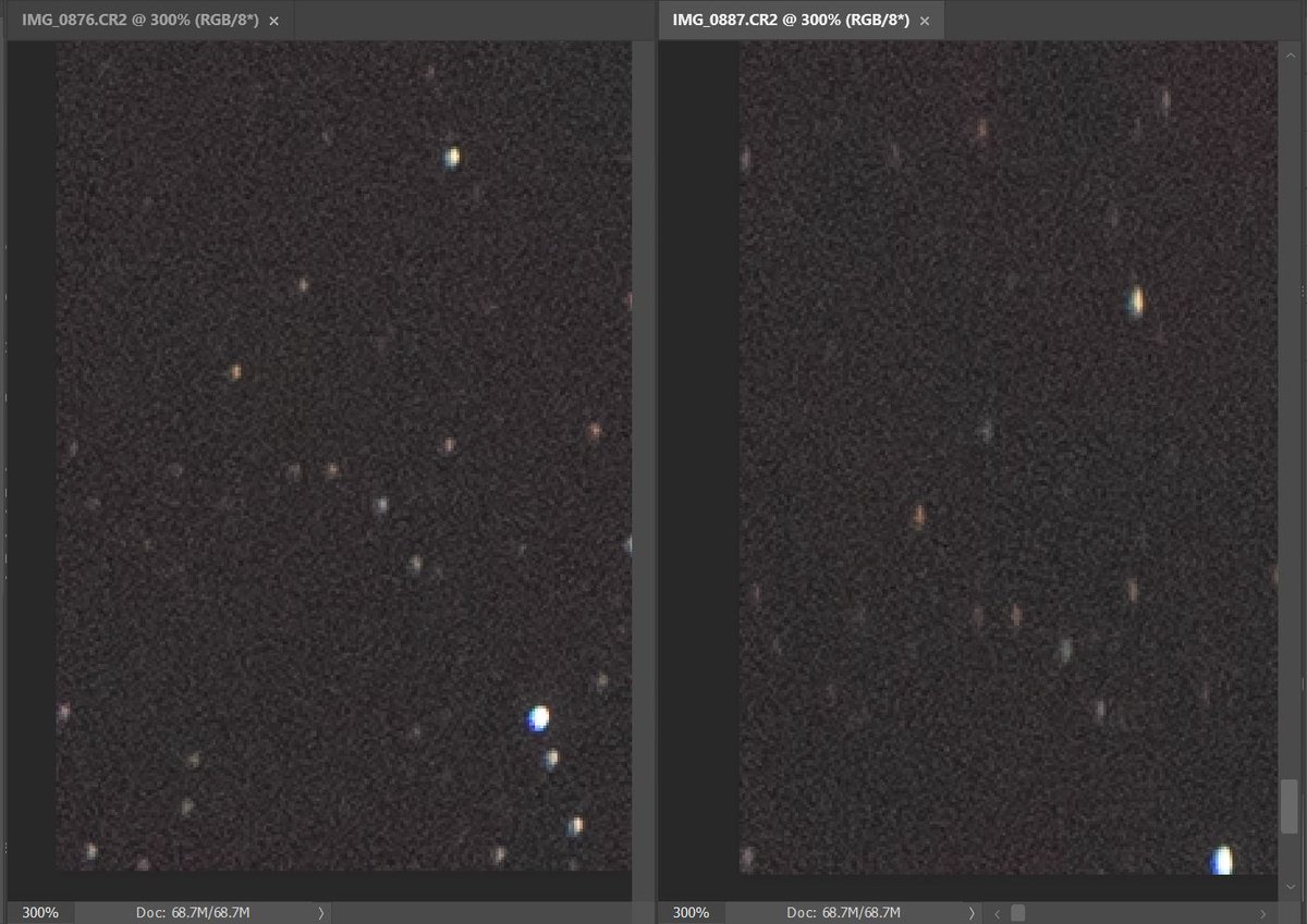 astrodust1's tweet photo. first try #asiair autoguiding with DSLR - 360mm #Z61 scope, 180s captures without (left) and with (right) autoguiding using #SkyGuiderPro tracker - notice elongated stars 😡 in corners with autoguiding - the tracking graph was pretty smooth - any ideas what this could be ? https://t.co/eGcW1a2qQZ
