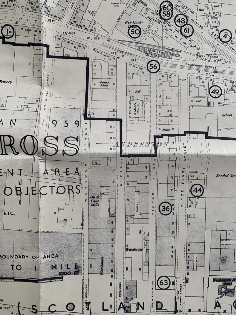 This plan shows the Anderston CDA area prior to its re-development, interestingly its also overmarked with the locations of the various objectors to the proposals. It also shows what was lost to the motorway, inc the Glasgow Gaiety Theatre, Anderston UP Church & North St Cemetery