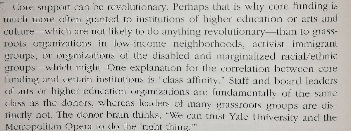 Great quote on importance of core funding when it comes to philanthropic support for social movements, and highlighting role trust and "class affinity" play as potential barriers (from Robert Bothwell's chapter "Up Against Conservative Public Policy" in Faber & Mccarthy) :