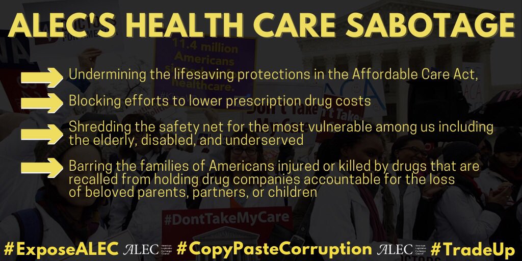 Now for ALEC’s decades-long commitment to sabotaging health care. Before I  #ExposeALEC’s role selling out public health during  #COVID19 & jeopardizing our economic recovery, it’s important to understand their long history of  #CopyPasteCorruption on undermining  #AffordableCare.