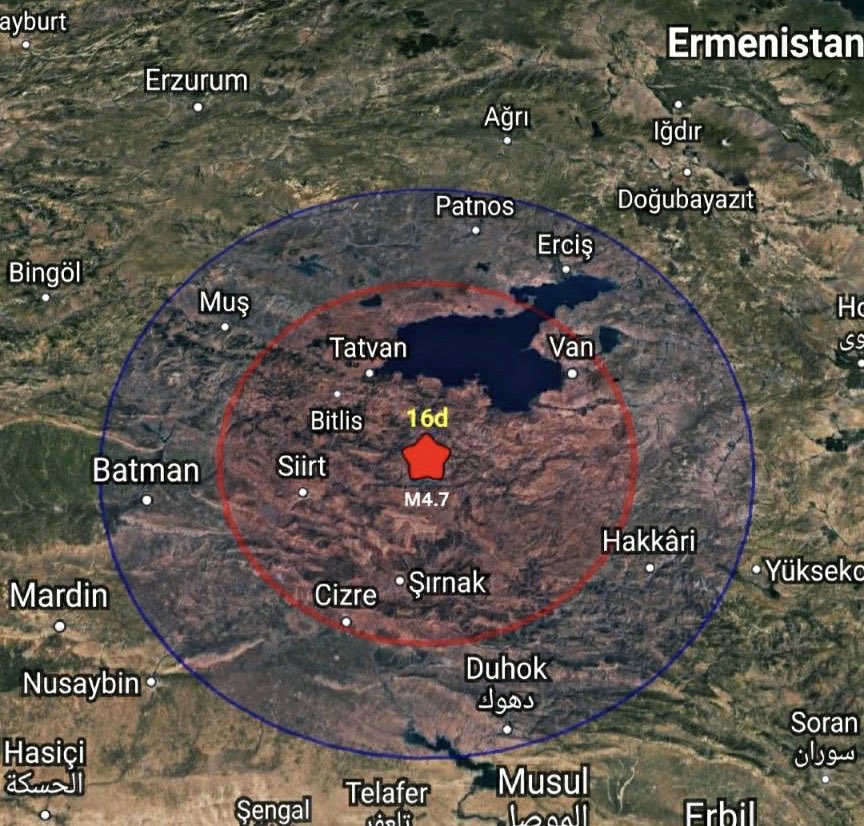 Saat 22'20'de Hizan ilçemizde meydana gelen 4.7 büyüklüğündeki depremin sismik yayılışı.