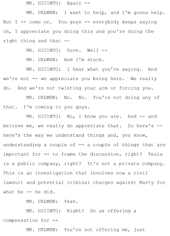 Why was Uelmen passing on his chat logs and information to Tesla? Apart from wanting to do the right thing, he had also been recently fired.In proper form, Tesla refuses any sort of quid-pro-quo to reinstate him (as improper). Also, the investigators have no access to HR files.